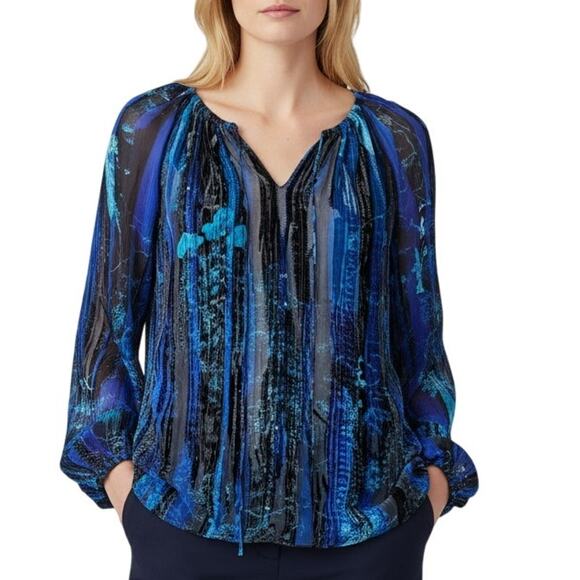 ELIE TAHARI Luxe Burnout Velvet Silk Peasant Blouse Medium Top Blue Black - Picture 1 of 11